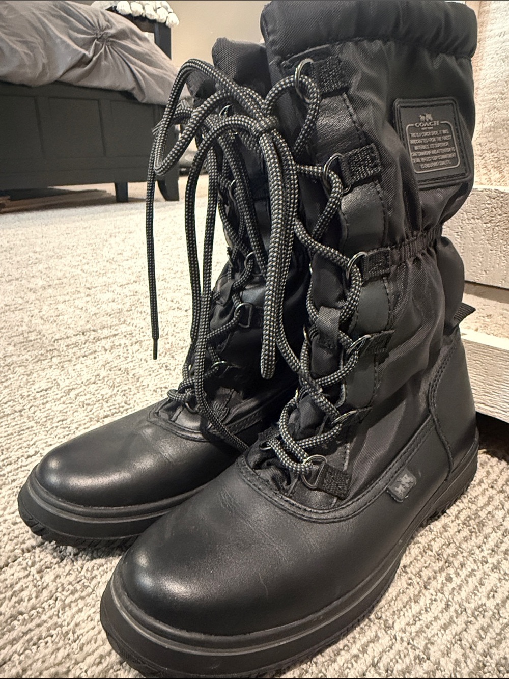 Coach Shaine Black Signature Nylon Leather Fleece-Lined Snow Boots Lace-Up
